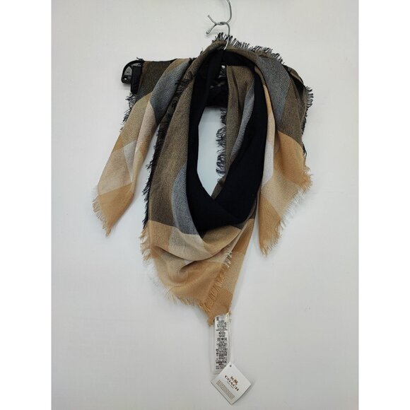 Coach Outlet Windowpane Challis Women's Scarf Brown Stone Fringe One Size - Picture 1 of 8